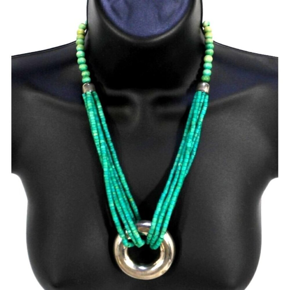 Vintage 22" necklace green wooden & stone beads with 2" silver tone ring pendant